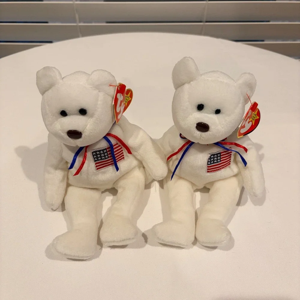 Ty Beanie Babies Libearty the Bear 1996 Set of 2 White American Flag Plush 4057